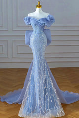 Elegant Mermaid Off The Shoulder Blue Short Sleeves Sequin Evening Dress Long Prom Dresses HZ1024