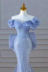 Elegant Mermaid Off The Shoulder Blue Short Sleeves Sequin Evening Dress Long Prom Dresses HZ1024