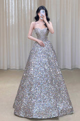 Gorgeous Ball Gown Straps Sequin Silver Long Evening Dress Prom Dresses Birthday Outfits HZ1024