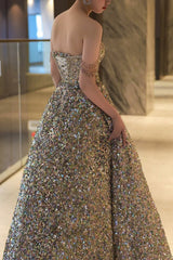 Gorgeous Ball Gown Straps Sequin Silver Long Evening Dress Prom Dresses Birthday Outfits HZ1024