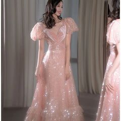 Gorgeous A Line Sweetheart Sequin Pink Long Evening Dress Prom Dresses Birthday Outfits HZ1024