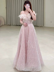 Gorgeous A Line Off The Shoulder Sequin Pink Long Evening Dress Prom Dresses Birthday Outfits HZ1024