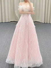 Gorgeous A Line Off The Shoulder Sequin Pink Long Evening Dress Prom Dresses Birthday Outfits HZ1024