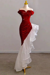 Gorgeous Sheath Off The Shoulder Sequin Red Evening Dress Prom Dresses Birthday Outfits HZ1024
