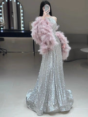 Gorgeous A Line High Neckline Silver Sequin Long Evening Dress Prom Dresses Birthday Outfits HZ1024