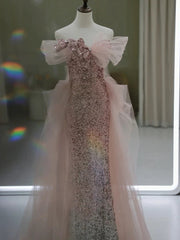 Gorgeous Sheath Off The Shoulder Pink Sequin Long Evening Dress Prom Dresses Birthday Outfits HZ1024