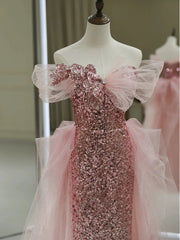 Gorgeous Sheath Off The Shoulder Pink Sequin Long Evening Dress Prom Dresses Birthday Outfits HZ1024