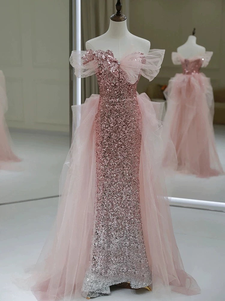 Gorgeous Sheath Off The Shoulder Pink Sequin Long Evening Dress Prom Dresses Birthday Outfits HZ1024