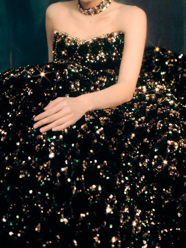 Gorgeous Ball Gown Sweetheart Black Sequin Long Evening Dress Prom Dresses Birthday Outfits HZ1024