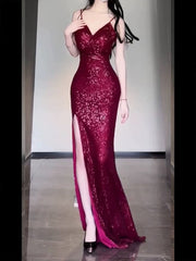 Gorgeous Sheath Spaghetti Straps Burgundy Sequin Long Evening Dress Prom Dresses Birthday Outfits HZ1024