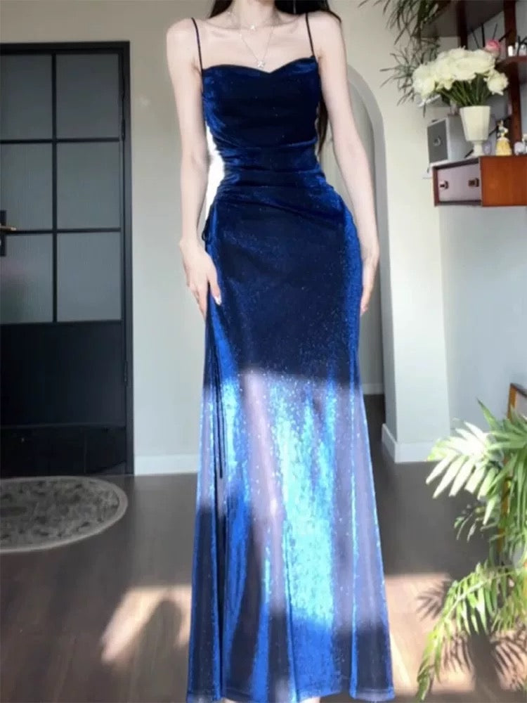 Gorgeous Sheath Spaghetti Straps Navy Blue Long Evening Dress Prom Dresses Birthday Outfits HZ1024