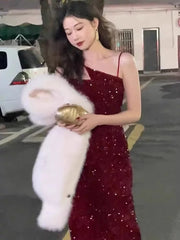 Gorgeous Sheath Spaghetti Straps Wine Red Sequin Evening Dress Prom Dresses Birthday Outfits HZ1024