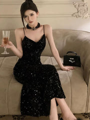 Gorgeous Sheath Spaghetti Straps Black Sequin Evening Dress Prom Dresses Birthday Outfits HZ1024