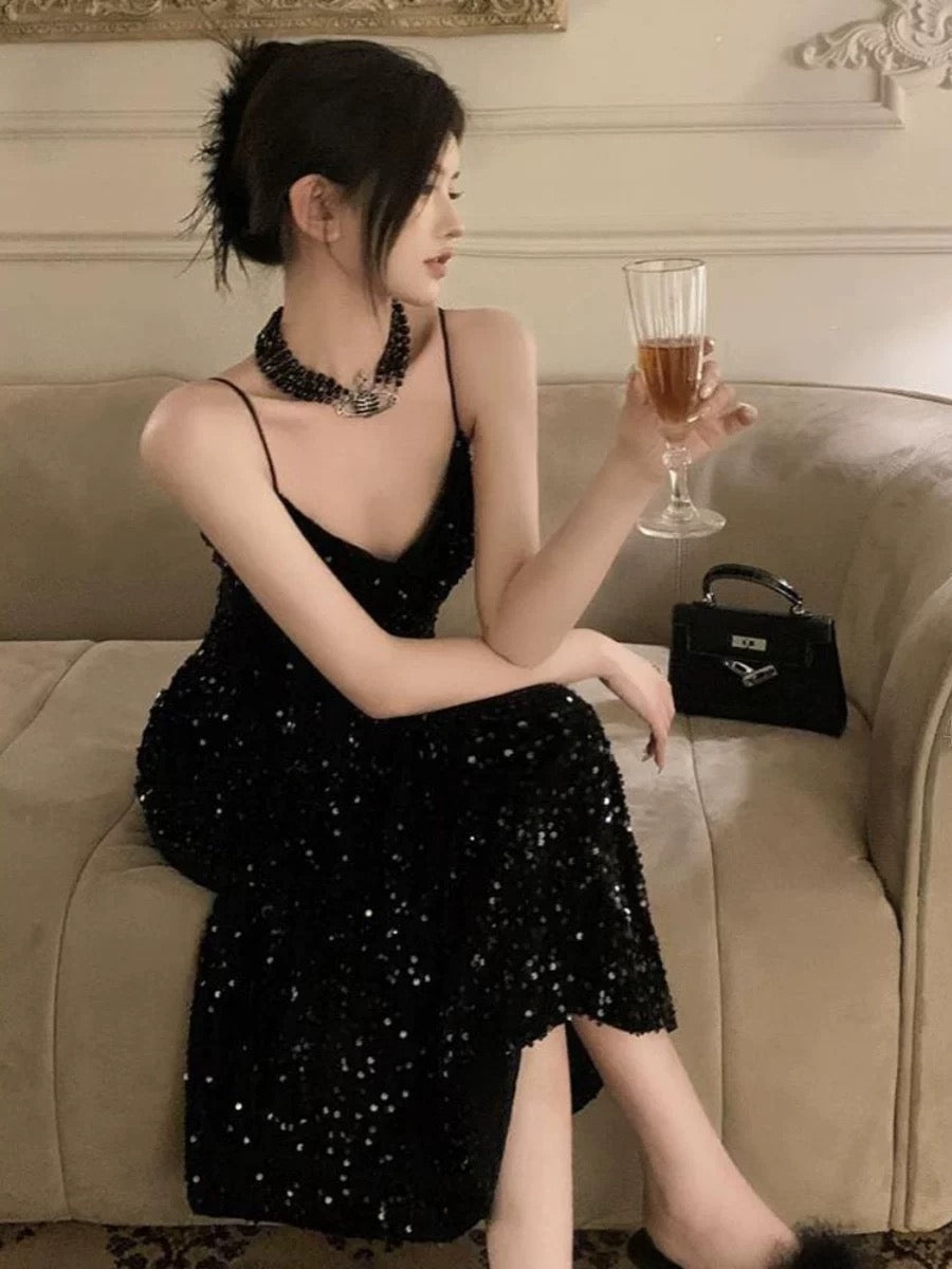 Gorgeous Sheath Spaghetti Straps Black Sequin Evening Dress Prom Dresses Birthday Outfits HZ1024