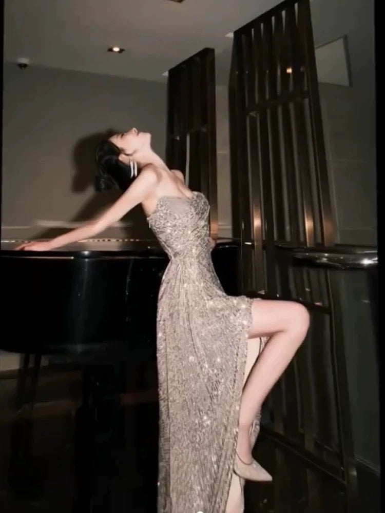 Sexy Sheath Strapless Champagne Sequin Evening Dress Prom Dresses Birthday Outfits HZ1024