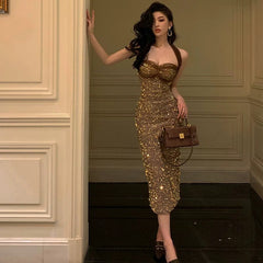 Sexy Sheath Halter Sequin Midi Evening Dress Prom Dresses Birthday Outfits HZ1024