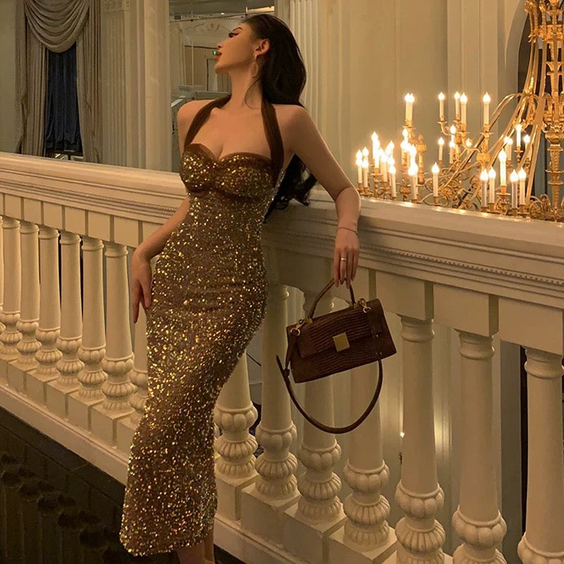 Sexy Sheath Halter Sequin Midi Evening Dress Prom Dresses Birthday Outfits HZ1024