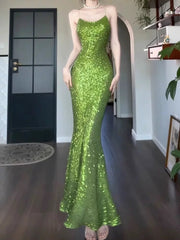 Vintage Sheath Spaghetti Straps Green Sequin Long Evening Dress Prom Dresses HZ1024
