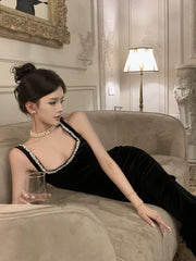 Vintage Sheath Straps Black Velvet Long Evening Dress Prom Dresses HZ1024