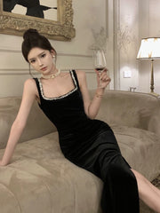 Vintage Sheath Straps Black Velvet Long Evening Dress Prom Dresses HZ1024