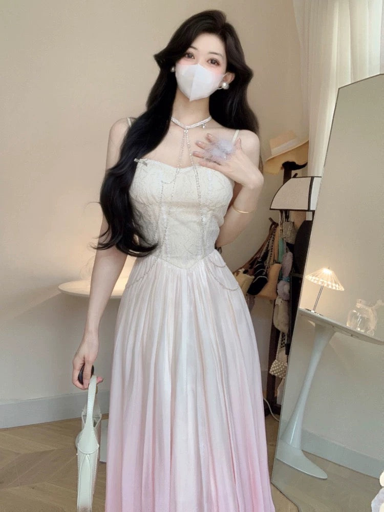 Vintage A Line Spaghetti Straps Ombre Pink Long Evening Dress Prom Dresses HZ1024