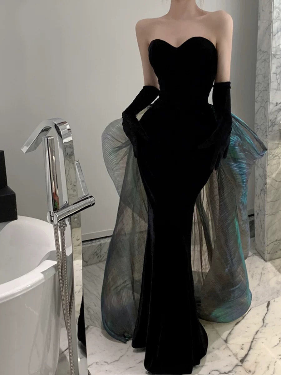 Modest Mermaid Strapless Black Sleeveless Prom Dress Formal Evening Dresses With Gloves HZ1024
