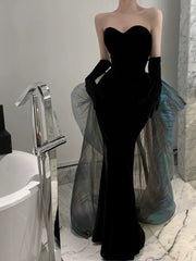 Modest Mermaid Strapless Black Sleeveless Prom Dress Formal Evening Dresses With Gloves HZ1024