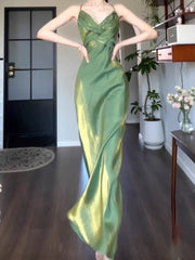Vintage Sheath Spaghetti Straps Green Chiffon Long Evening Dress Prom Dresses HZ1024