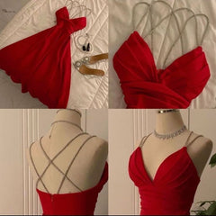 Vintage A Line Straps Red Satin Beading Evening Dress Prom Dresses HZ1024