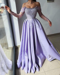 Pretty A Line Off The Shoulder Lilac Satin Evening Dress Prom Dresses With Beads HZ1024