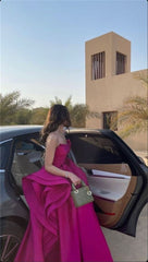 Pretty A Line Strapless Hot Pink Long Satin Evening Dress Prom Dresses With Ruffles HZ1024