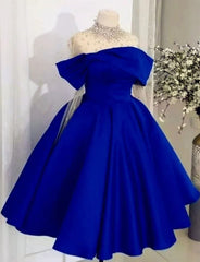 Pretty Ball Gown Royal Blue Satin Evening Dress Prom Dresses With Beads HZ1024