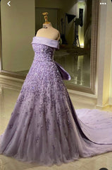 Pretty Ball Gown Strapless Lilac Tulle Long Evening Dress Prom Dresses With Flowers HZ1024