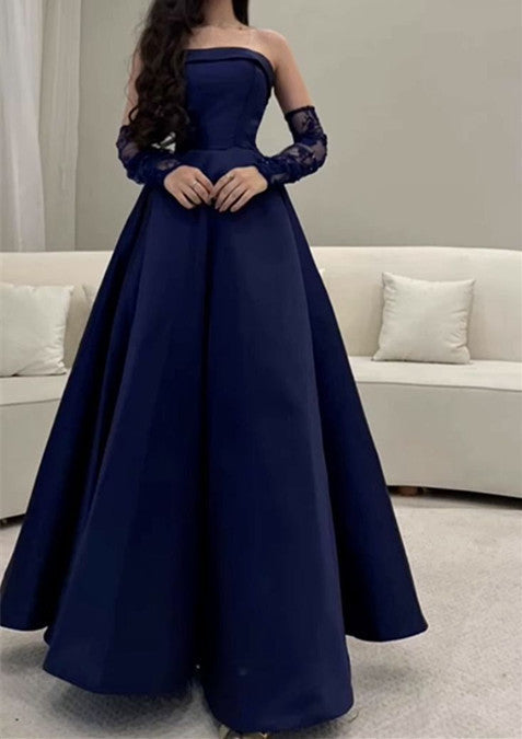 Pretty A line Strapless Navy Blue Long Prom Dress Evening Dress With Gloves HZ1024