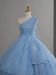Pretty Ball Gown One Shoulder Tulle Blue Long Prom Dress, Blue Long Evening Dress HZ1024