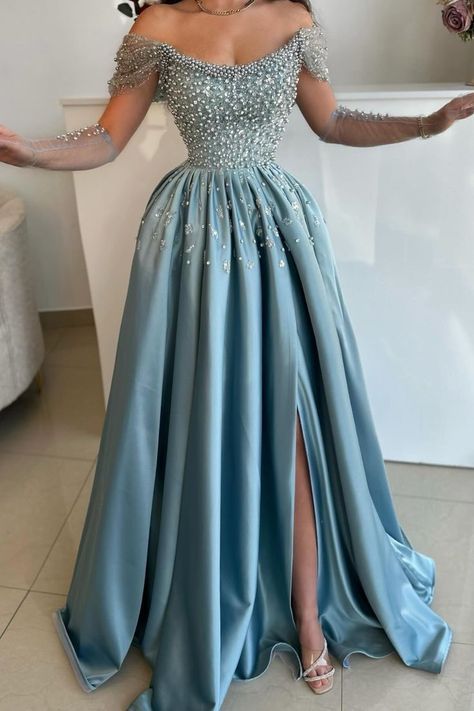 Pretty A Line Off The Shoulder Blue Slit Beads Long Prom Dress Evening Dresses HZ1024
