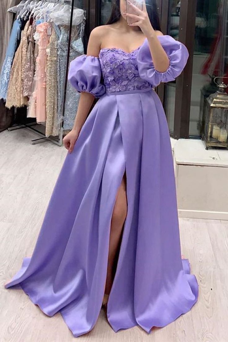 Sexy A line Square Neckline Short Sleeves Lace Lilac Prom Dress Long Evening Dress HZ1024