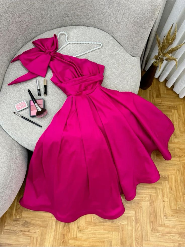 Sexy A line One Shoulder Satin Long Hot Pink Prom Dress Party Evening Dress HZ1024