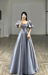 Sexy A line Square Neckline Short Sleeves Silver Satin Prom Dresses Party Evening Dress HZ1024