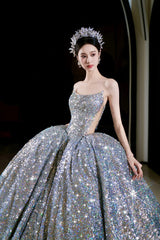 Vintage Ball Gown Strapless Sequin Silver Long Prom Dresses Layers Evening Dress HZ1024