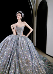 Vintage Ball Gown Strapless Sequin Silver Long Prom Dresses Layers Evening Dress HZ1024