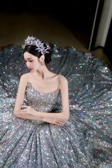 Vintage Ball Gown Strapless Sequin Silver Long Prom Dresses Layers Evening Dress HZ1024