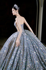 Vintage Ball Gown Strapless Sequin Silver Long Prom Dresses Layers Evening Dress HZ1024