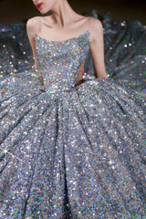 Vintage Ball Gown Strapless Sequin Silver Long Prom Dresses Layers Evening Dress HZ1024
