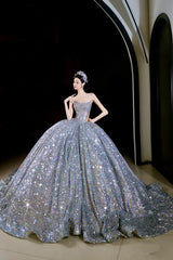 Vintage Ball Gown Strapless Sequin Silver Long Prom Dresses Layers Evening Dress HZ1024