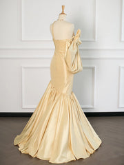 Sexy Mermaid One Shoulder Yellow Satin Long Prom Dresses Party Evening Dress With Bow HZ1024