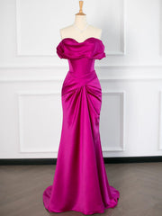 Sexy Mermaid Off The Shoulder Hot Pink Satin Prom Dresses Party Evening Dress With Ruffles HZ1024