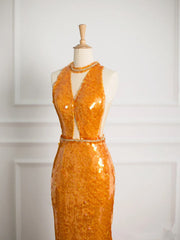 Sexy Mermaid Scoop Neckline Orange Sequin Prom Dresses Party Evening Dress With Beads HZ1024