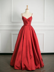 Simple Ball Gown Spaghetti Straps Red Satin Prom Dresses Party Evening Dress HZ1024