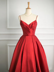 Simple Ball Gown Spaghetti Straps Red Satin Prom Dresses Party Evening Dress HZ1024